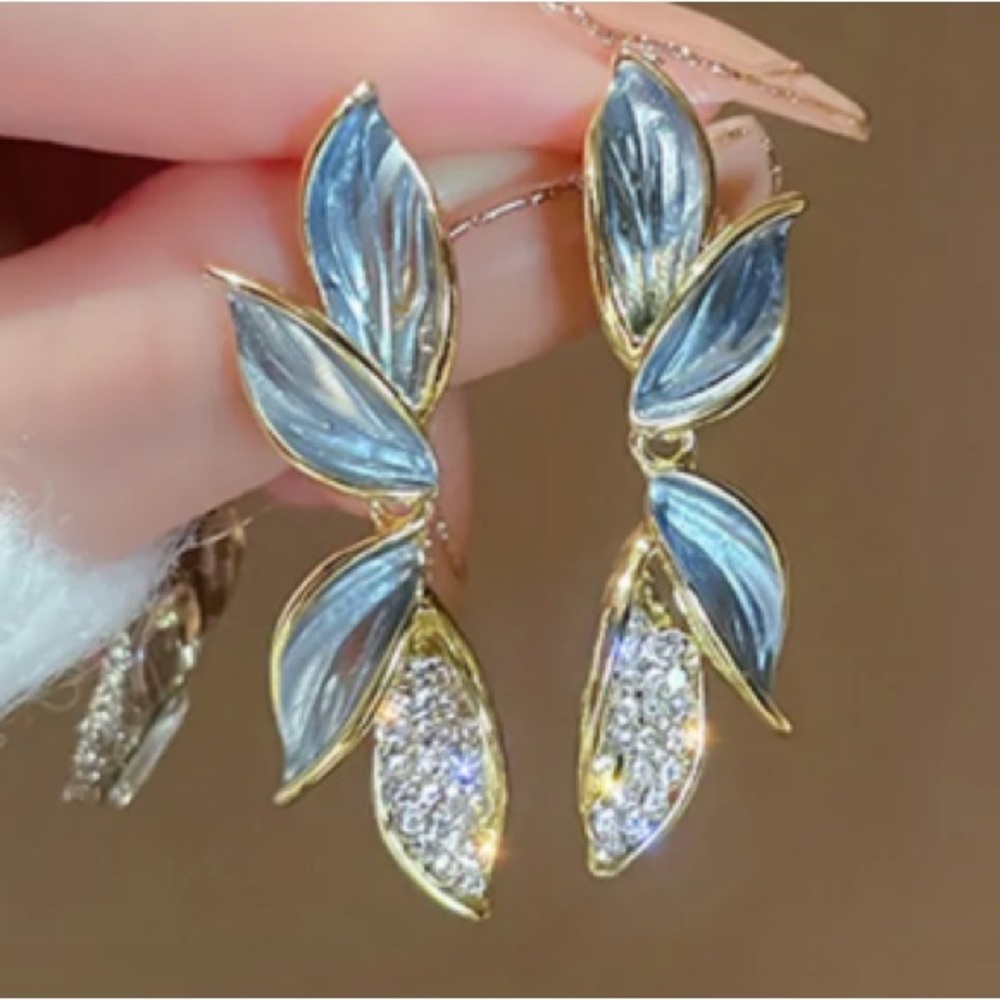 Diamond Blue Gray Leaf Gold Toned Stud Earrings